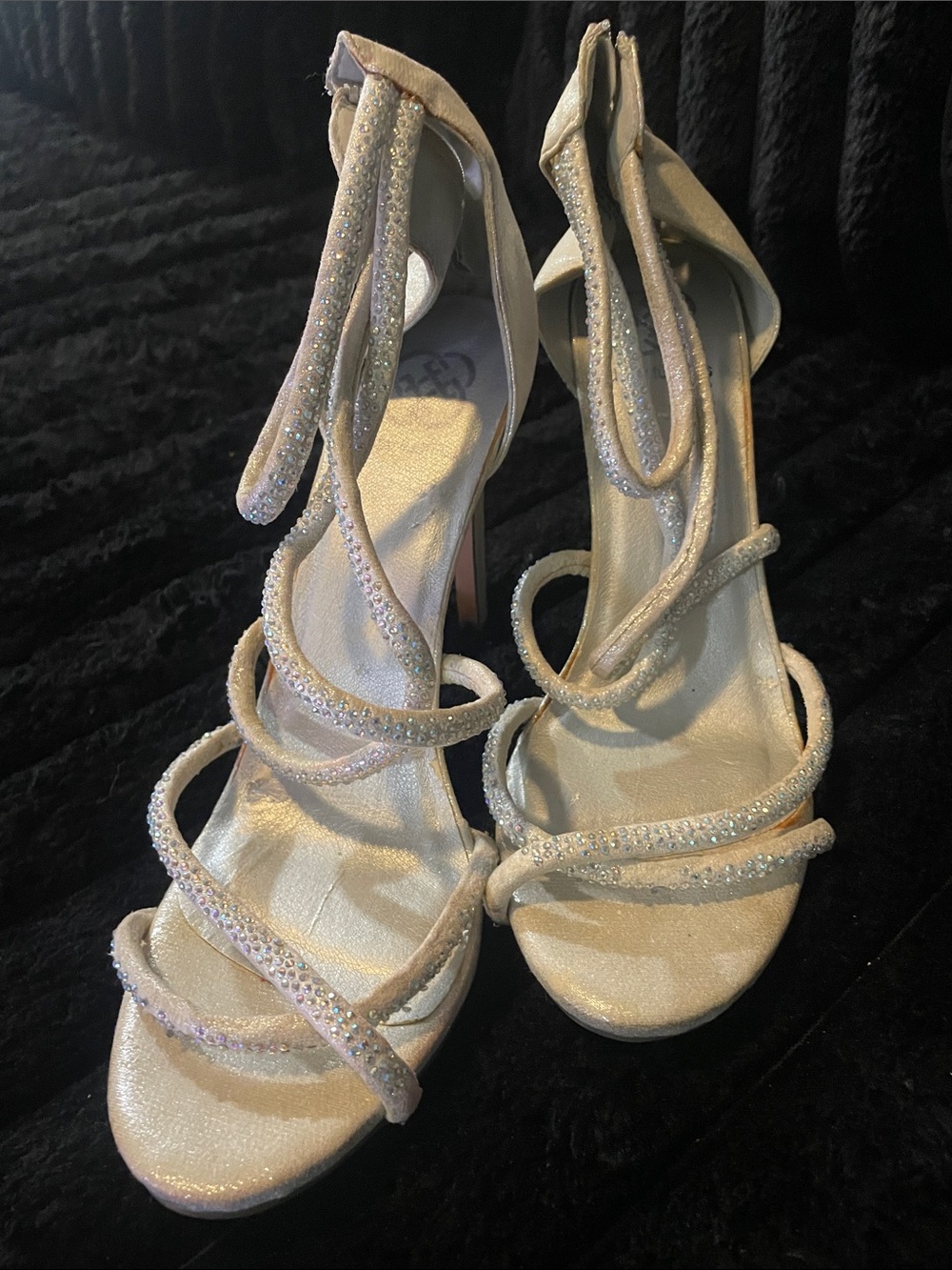 Embellished Strappy High Heel Sandals in Metallic Beige